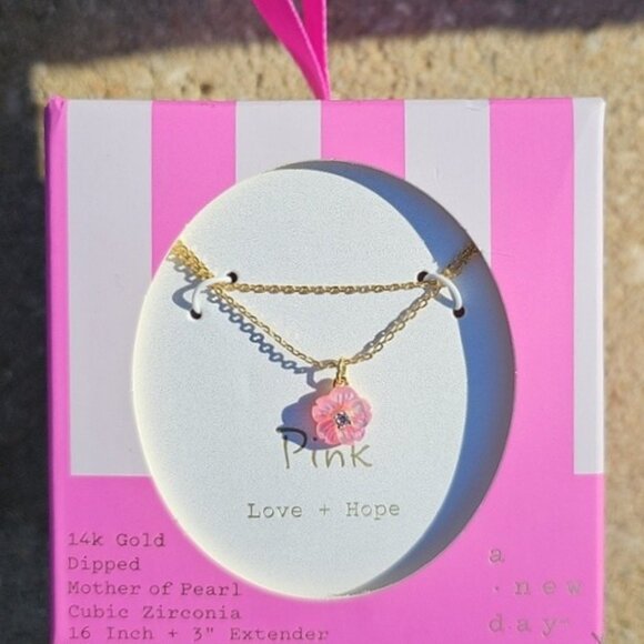 a new day Pink Flower on Gold Tone Chain-Necklace 16" + 3" Extender New - Picture 1 of 16